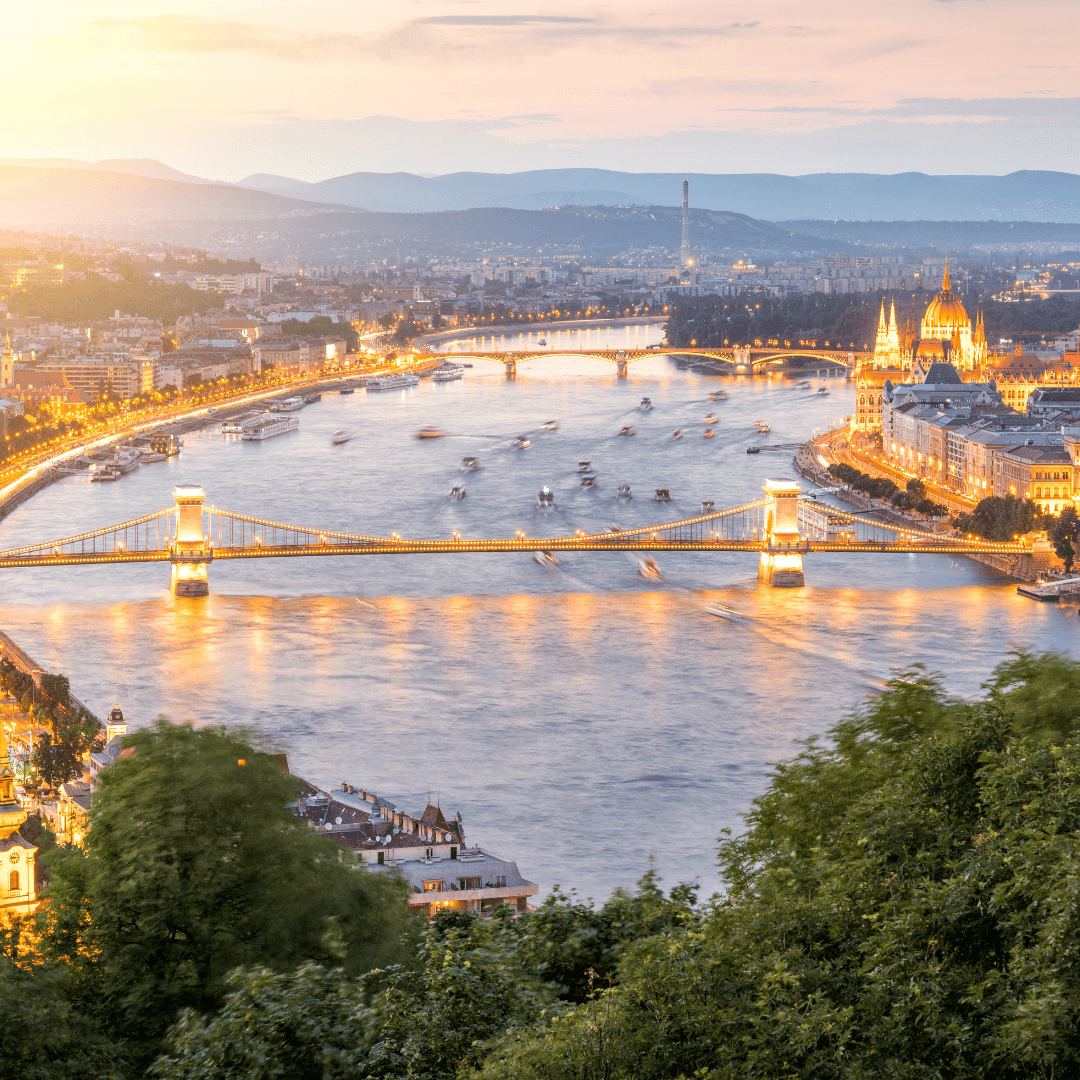 Danube River Cruise in Budapest: Experience breathtaking views of Budapest’s landmarks at twilight.